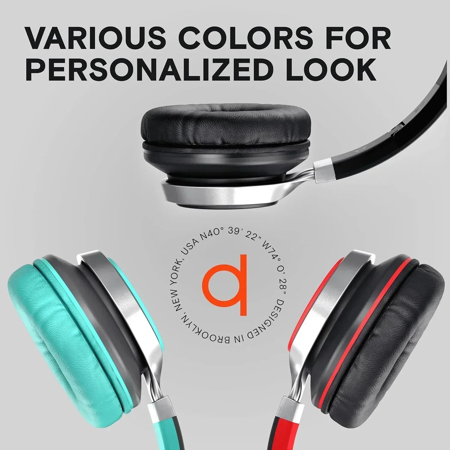 Three over-ear gaming headphones in black, turquoise, and red, showcasing color options.