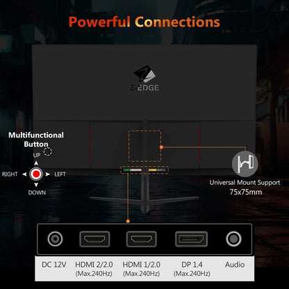 Back view of Z-Edge gaming monitor showing multifunctional button, universal mount 75x75mm, and ports including DC 12V, dual HDMI 2.0, DP 1.4, and audio