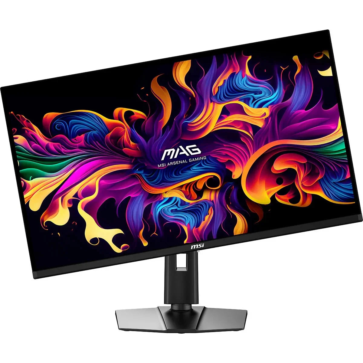 MSI Arsenal Gaming curved monitor with vibrant abstract colorful display on black stand