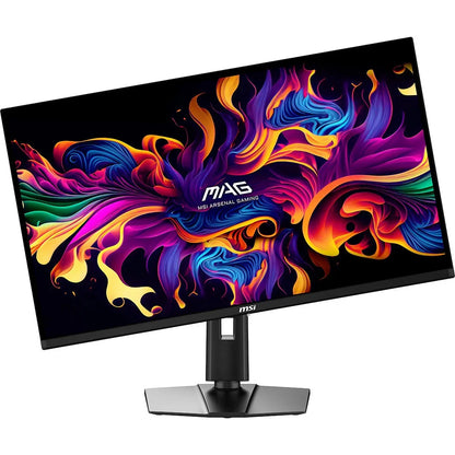 MSI Arsenal Gaming curved monitor with vibrant abstract colorful display on black stand