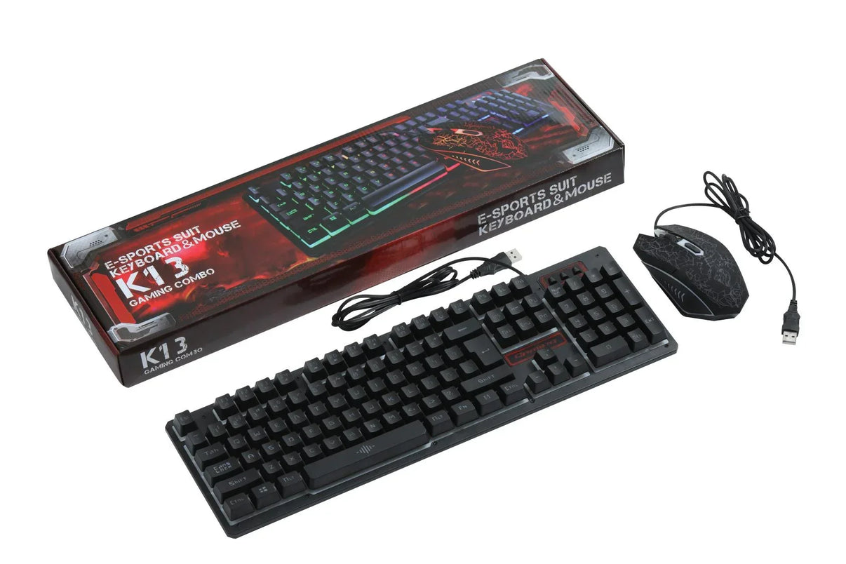 K13 gaming combo keyboard and mouse set with USB cables and packaging box