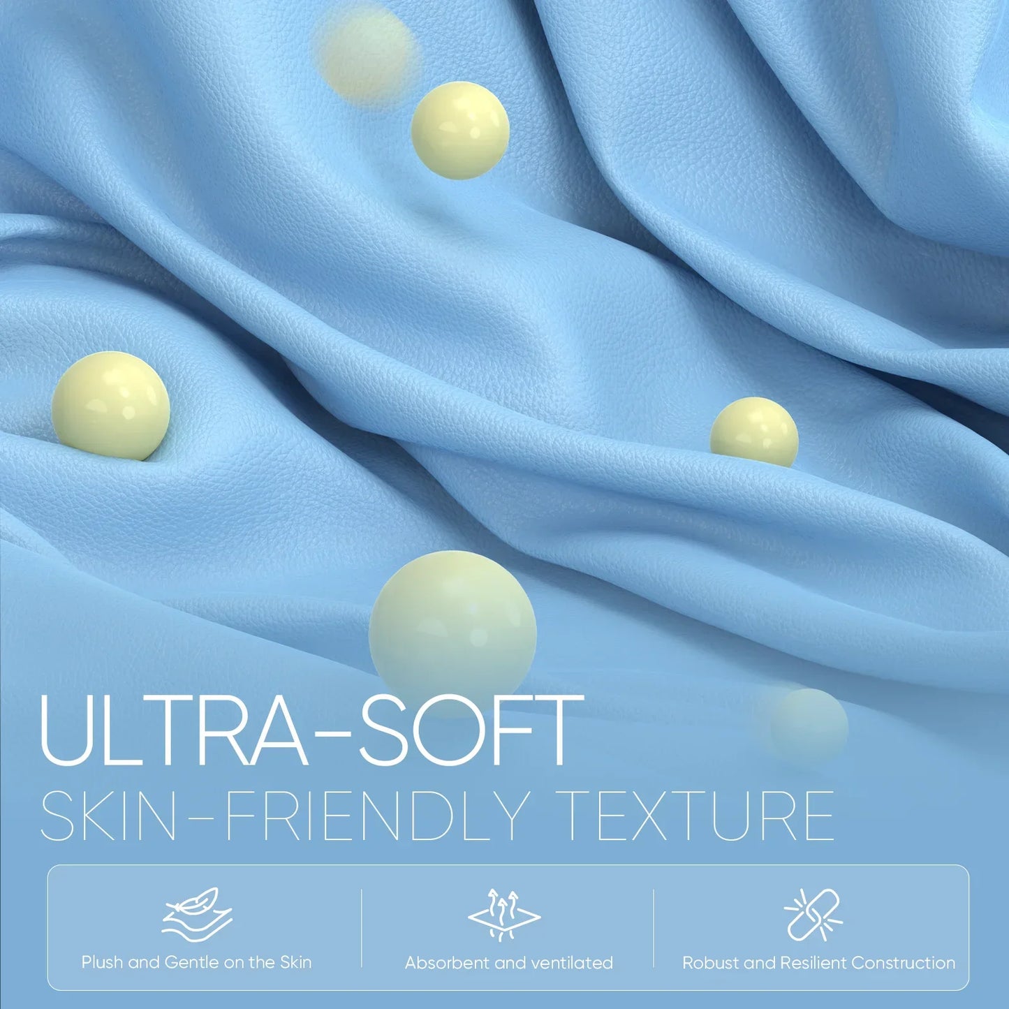 Close-up of ultra-soft light blue textured fabric with floating yellow spheres, highlighting skin-friendly, plush, absorbent, and resilient qualities