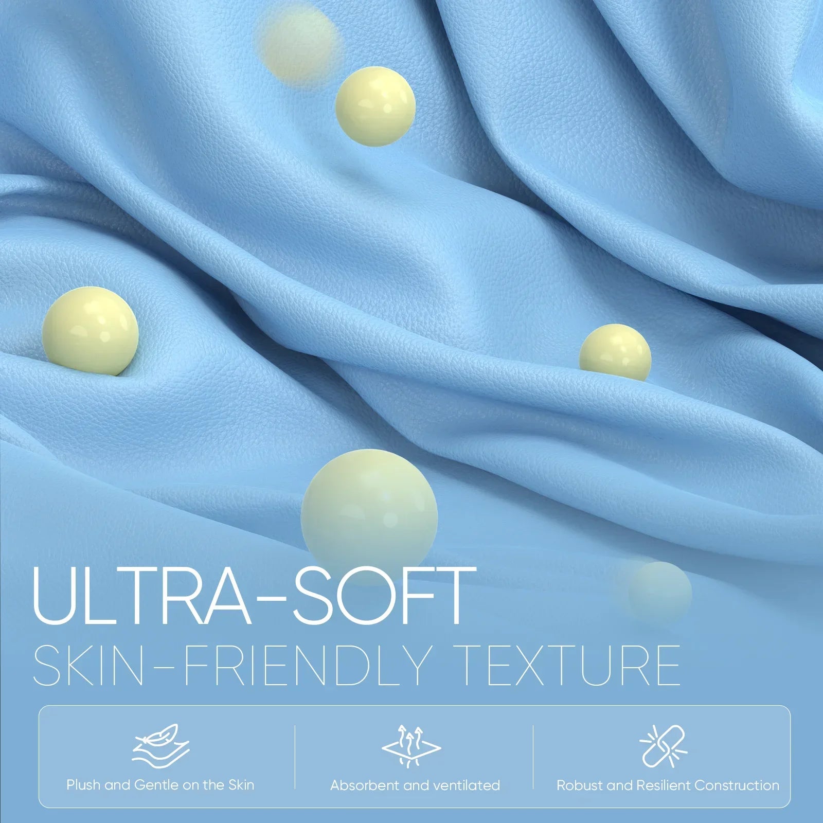 Close-up of ultra-soft light blue textured fabric with floating yellow spheres, highlighting skin-friendly, plush, absorbent, and resilient qualities