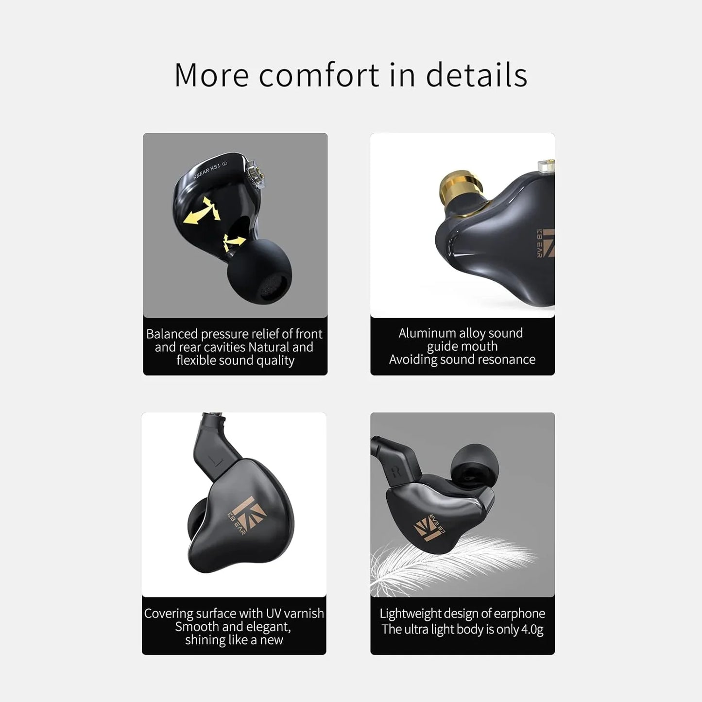 KBEAR KS1 Wired in Ear Headphones, Deep Bass Iem Earbuds Noise Cancelling in Ear Monitors Earphones with 1DD Driver, Ear Hooks Cable for Gaming Computer, Musician Stage, Drummer (Black without Mic)
