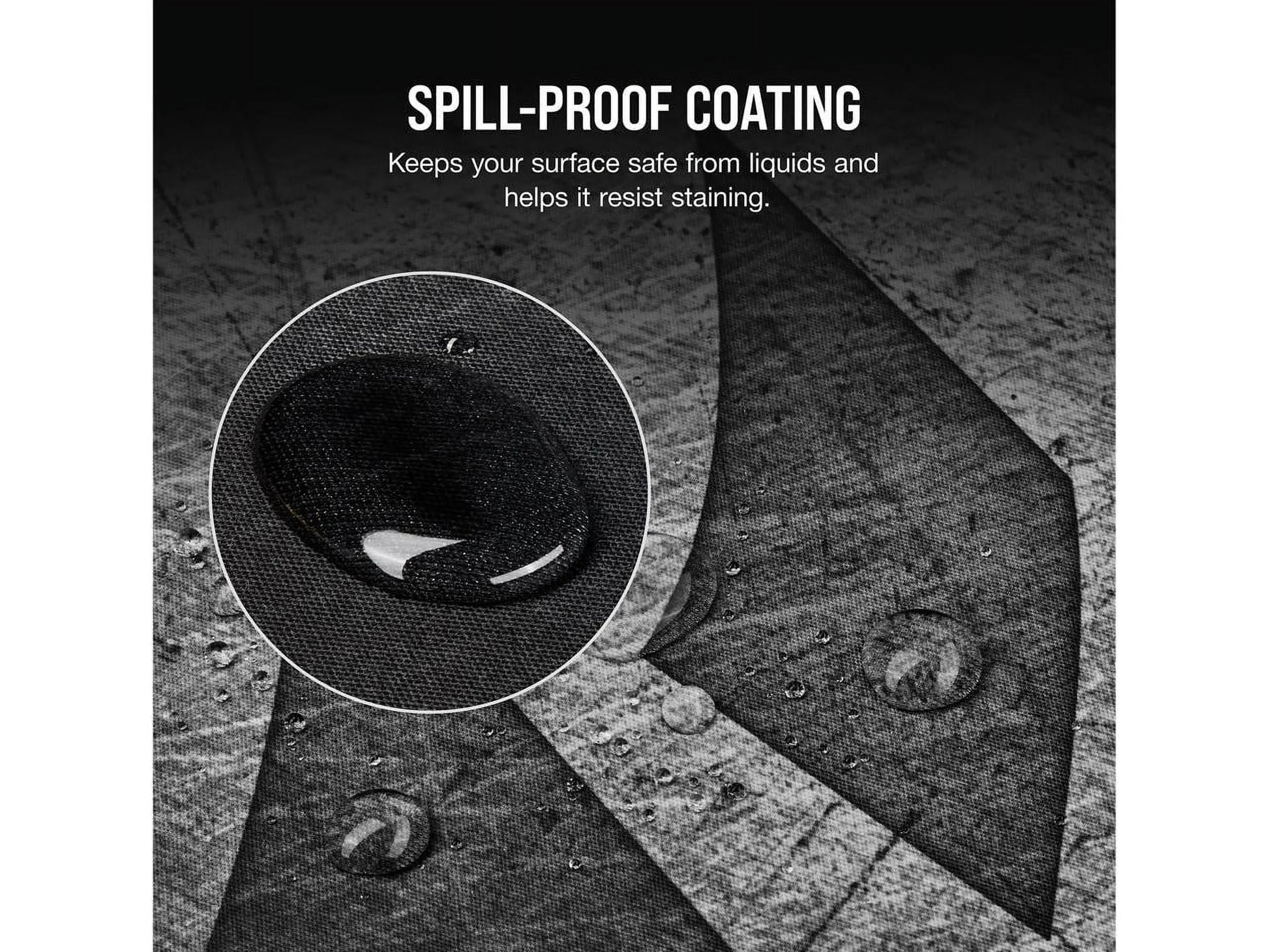 Close-up of spill-proof coating on gaming surface with liquid droplets resisting absorption