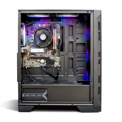 Gaming PC case with visible motherboard, cooling fan, and RGB lighting