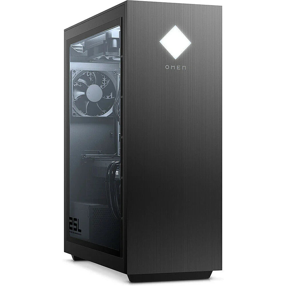 Black HP Omen gaming desktop PC with illuminated logo and transparent side panel showing internal cooling fan