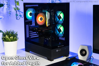 iBUYPOWER gaming PC with glass side panel, RGB cooling fans, CPU cooler, white plant pot and hexagonal speaker on desk