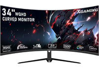34-inch WQHD curved gaming monitor by XGAMING with 165Hz refresh rate, 1ms response, 21:9 aspect, and AMD FreeSync