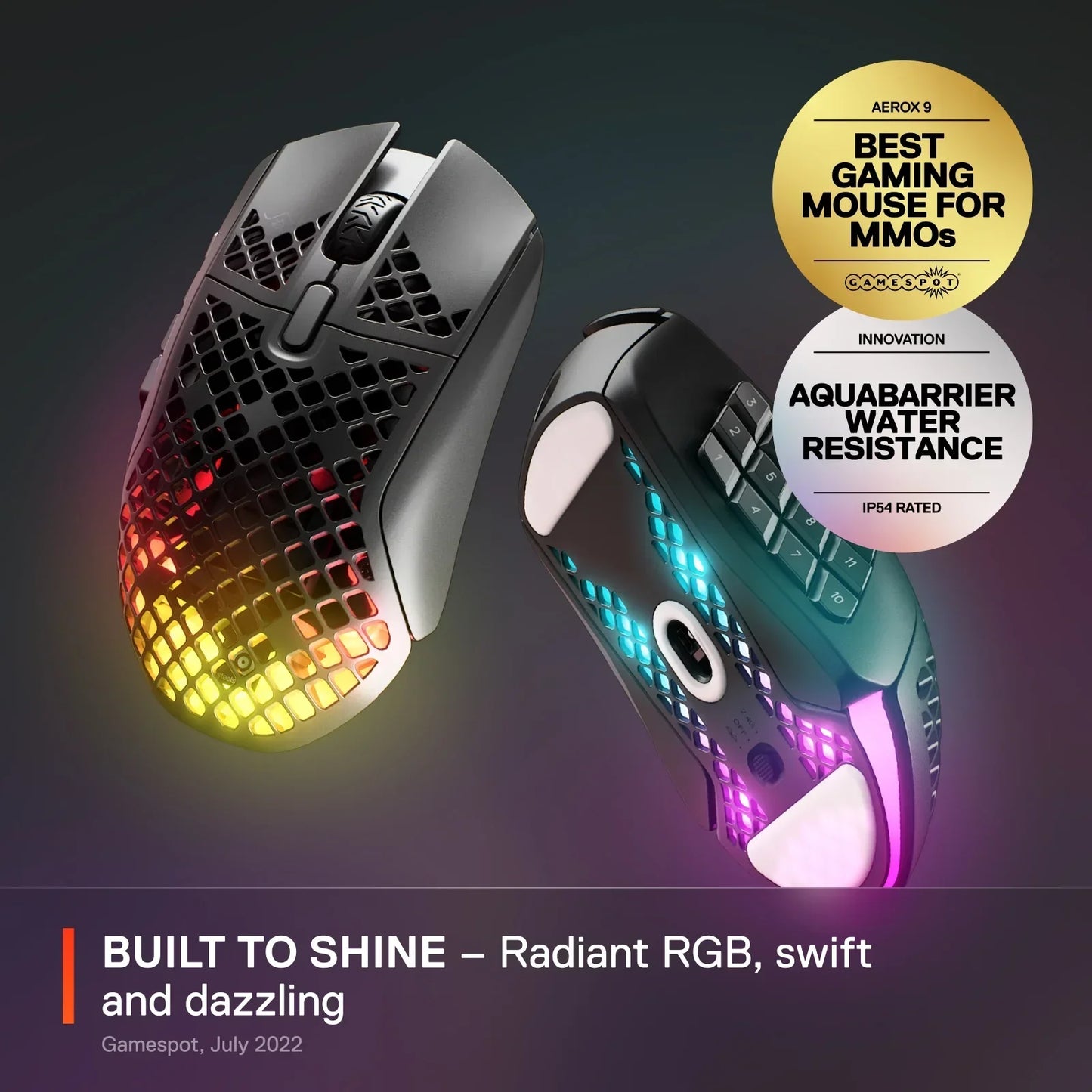 Aerox 9 gaming mouse with radiant RGB lighting, honeycomb design, and MMO buttons, water-resistant IP54