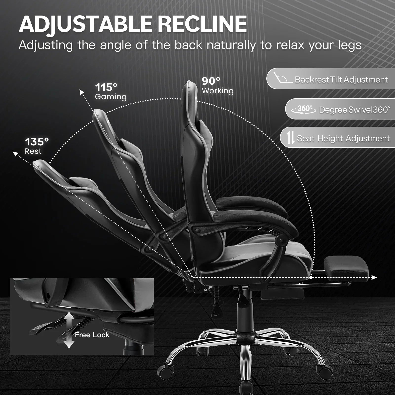 Black ergonomic gaming chair showing adjustable recline angles of 90° working, 115° gaming, and 135° rest with footrest