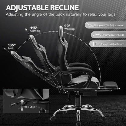 Black ergonomic gaming chair showing adjustable recline angles of 90° working, 115° gaming, and 135° rest with footrest