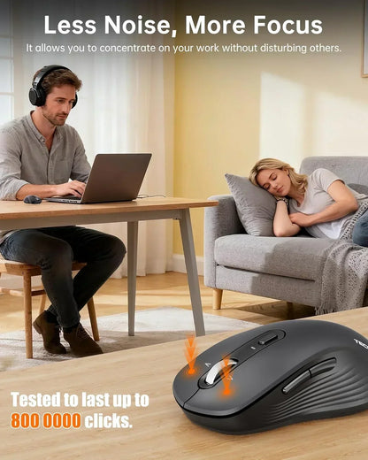 Quiet wireless mouse on desk, man using laptop, woman sleeping on couch, noiseless workspace