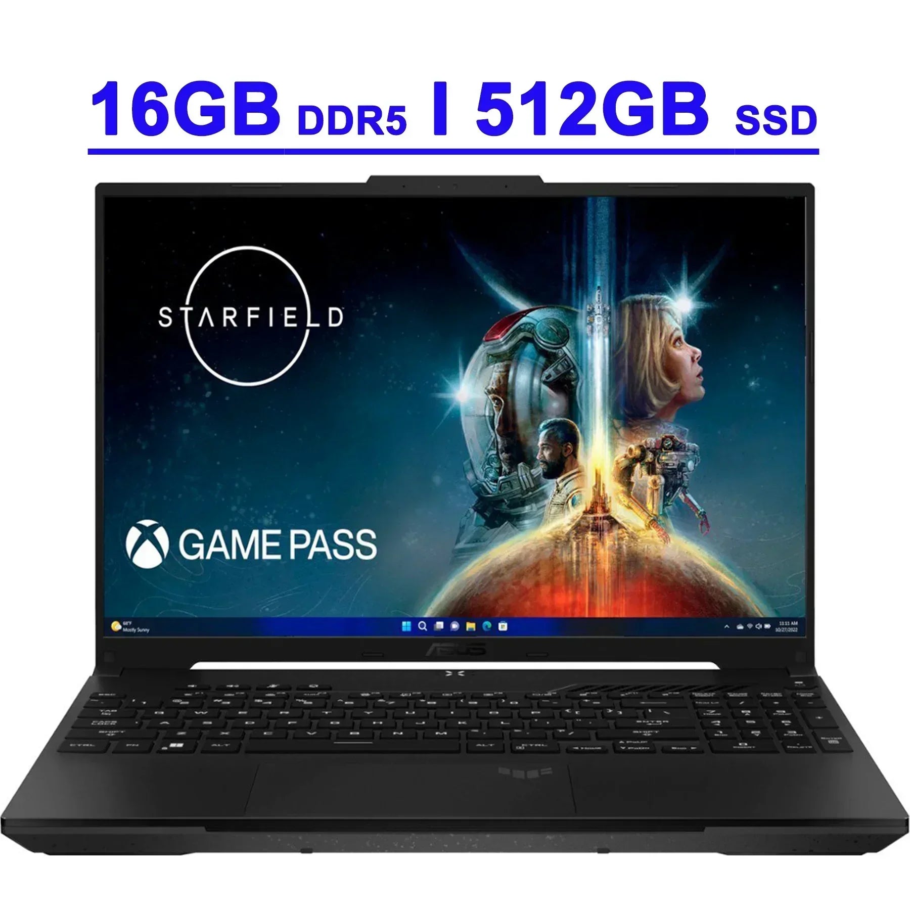 Gaming laptop with 16GB DDR5 RAM, 512GB SSD, Starfield and Game Pass on display screen