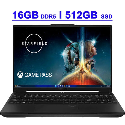 Gaming laptop with 16GB DDR5 RAM, 512GB SSD, Starfield and Game Pass on display screen
