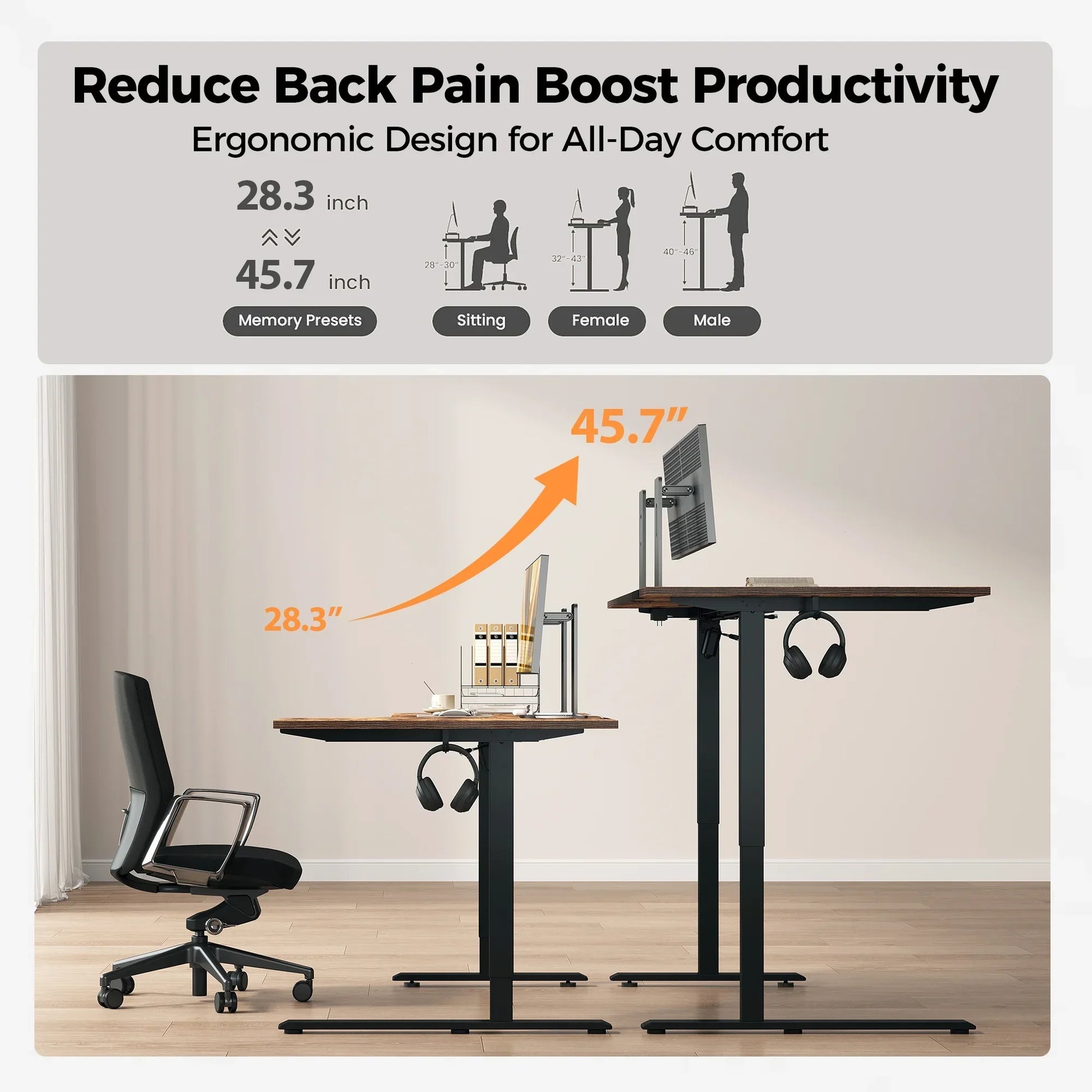 55.1 Inch Electric L-Shaped Height Adjustable Standing Desk, Sit to Stand Corner Desk with Memory Presets and Hooks, Ergonomic Home Office Computer Desk for Workstations, Rustic Brown