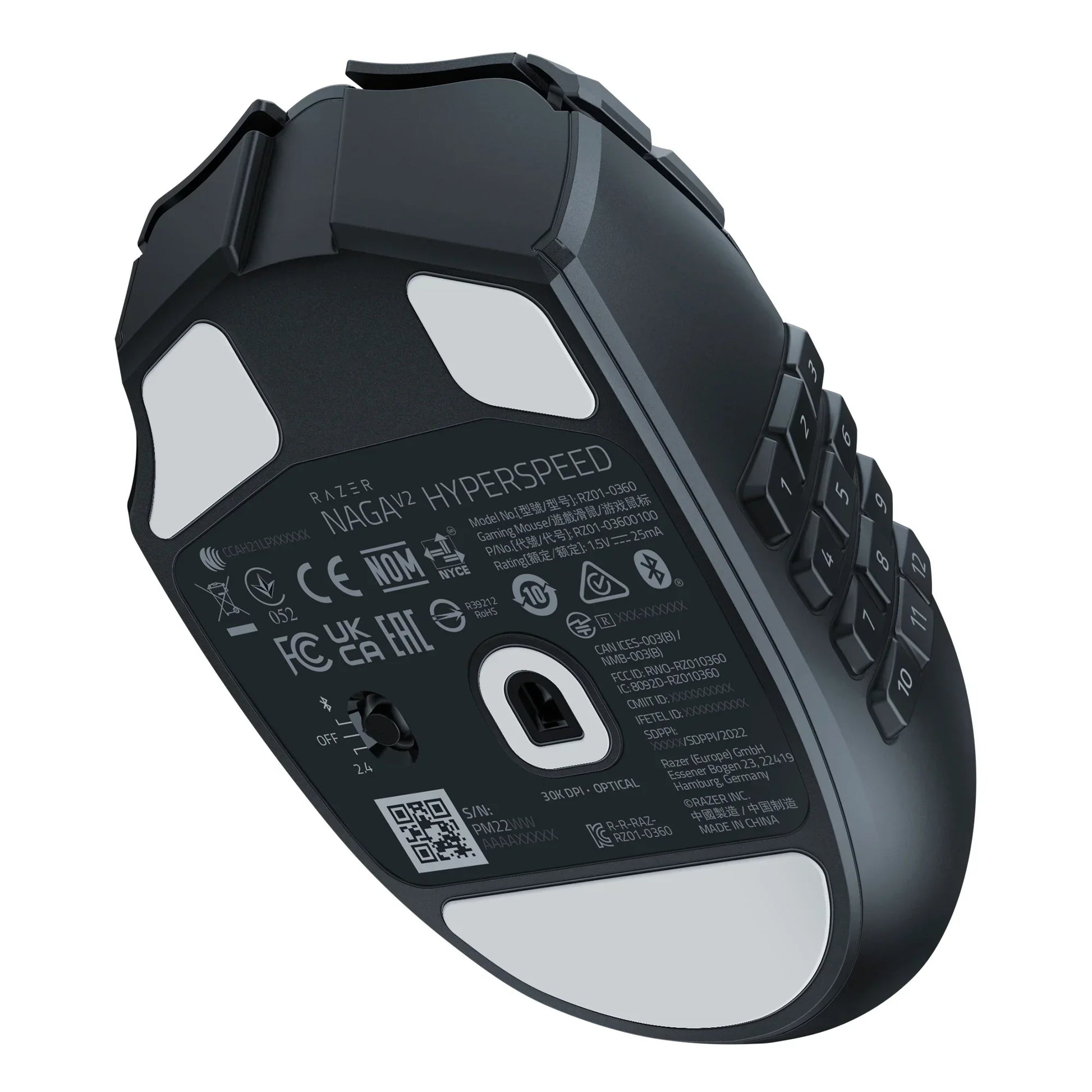 Black Razer Naga V2 Hyperspeed gaming mouse bottom view with 12 side buttons, glide pads, DPI sensor