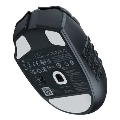 Black Razer Naga V2 Hyperspeed gaming mouse bottom view with 12 side buttons, glide pads, DPI sensor