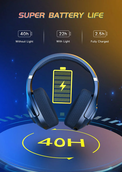 Wireless headphones with 40h super battery life, 22h with light, 2.5h charging time