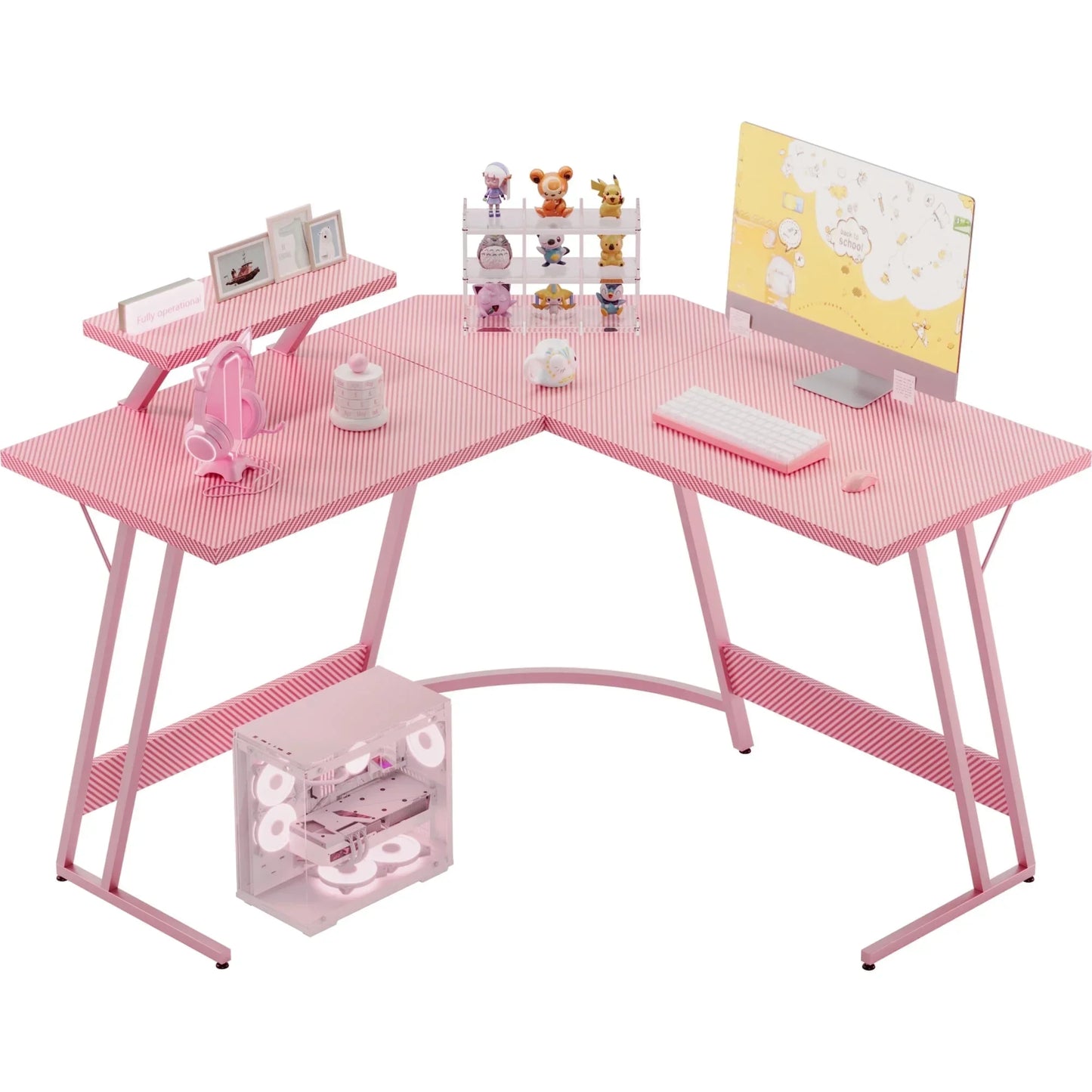 L-Shaped Gaming Desk 51.2 Inches Corner Office Gaming Desk with Removable Monitor Riser, Pink