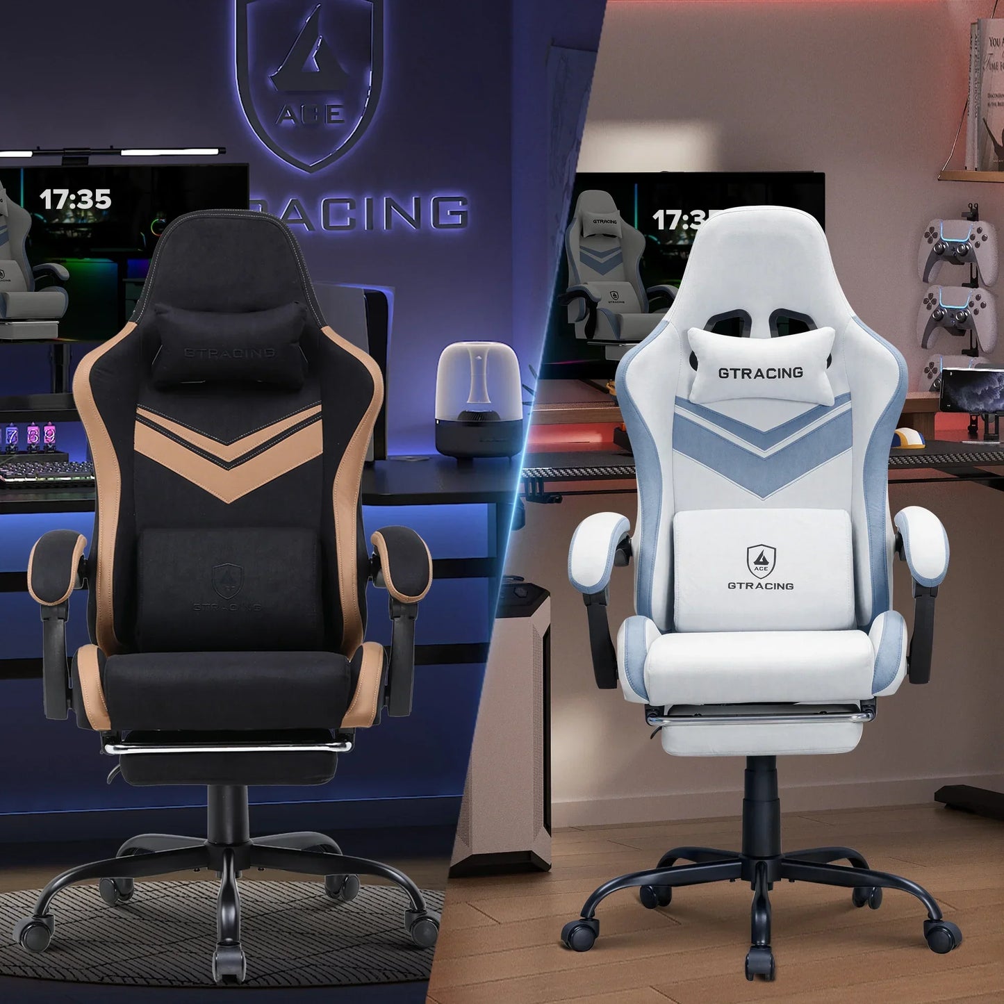 Black and white GT Racing ergonomic gaming chairs with adjustable armrests and lumbar support in modern gaming setups