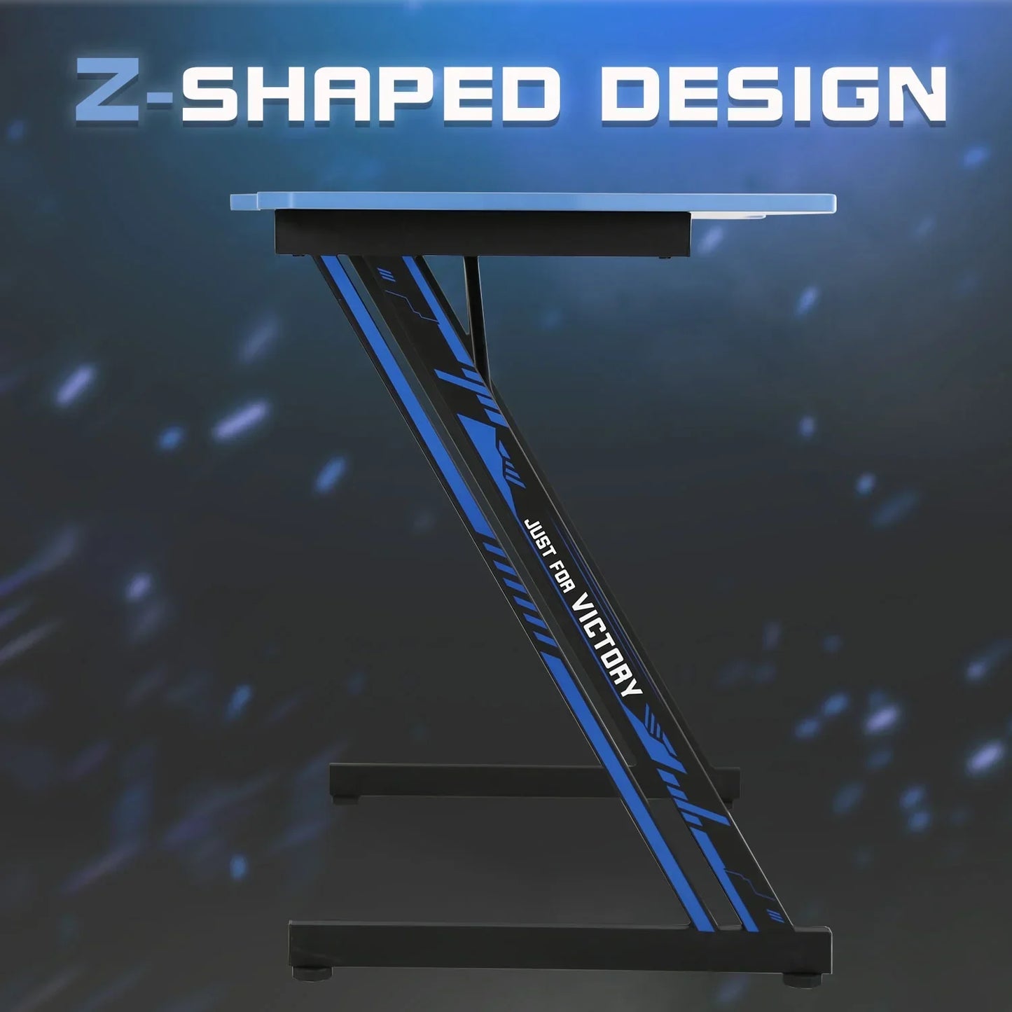 Gaming desk with a Z-shaped black and blue metal frame and slogan Just for Victory
