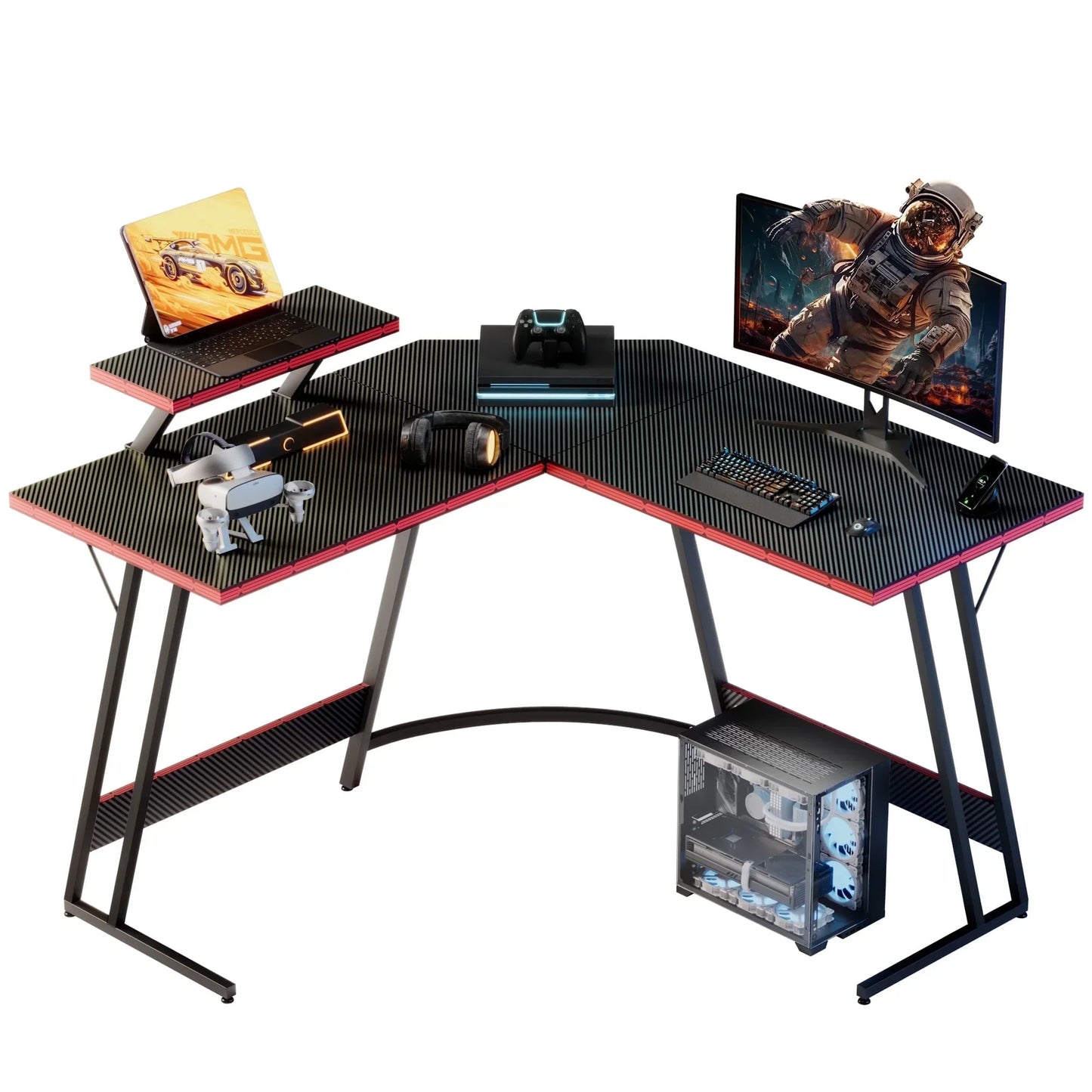 L-Shaped Gaming Desk 51.2 Inches Corner Office Gaming Desk with Removable Monitor Riser, Pink