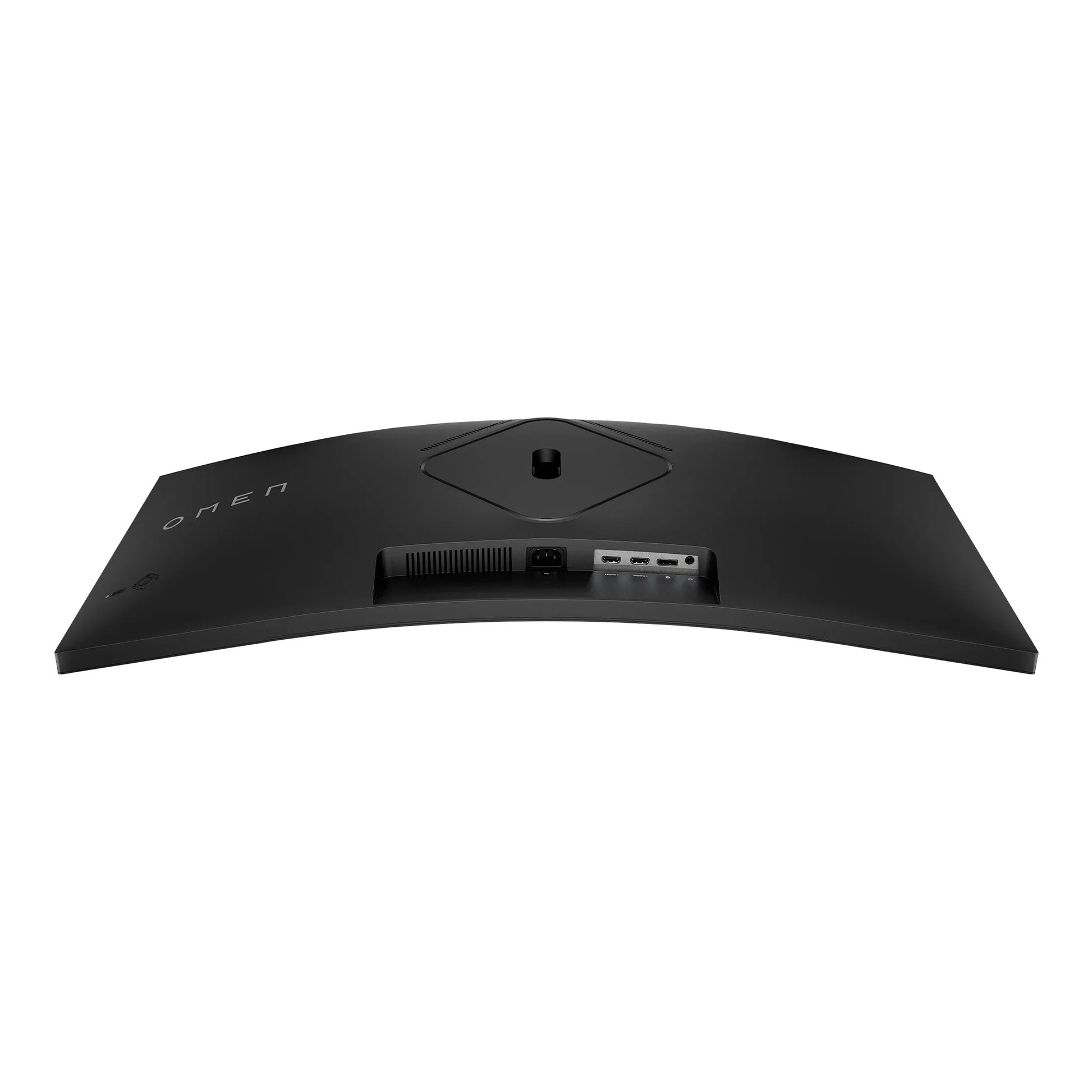 Rear view of black curved OMEN gaming monitor showing HDMI and power ports