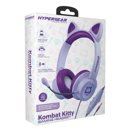 Hypergear Kombat Kitty purple gaming headset with cat ears, mic, volume control, kid-sized