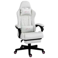 White gaming chair with quilted backrest, adjustable lumbar and neck pillows, black base with pink wheels