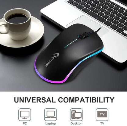 RGB wired gaming mouse on laptop, universal PC and laptop compatibility, coffee cup nearby