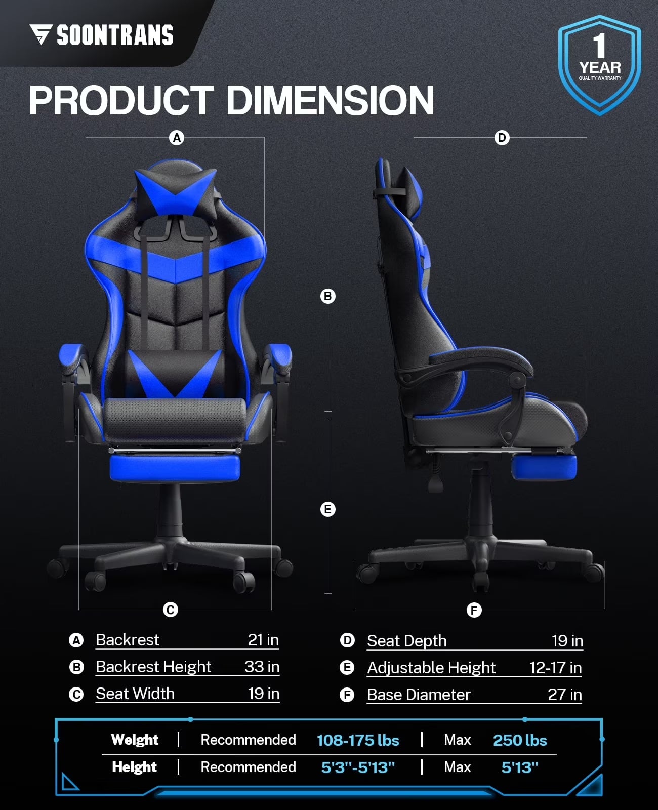 Blue and black gaming chair with dimensions, adjustable height, and 1-year warranty for ergonomic PC setup