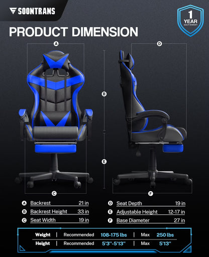 Blue and black gaming chair with dimensions, adjustable height, and 1-year warranty for ergonomic PC setup