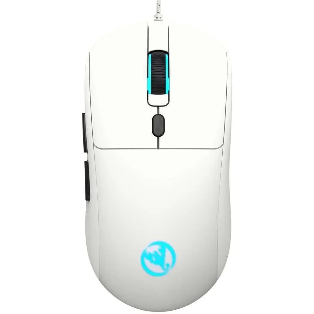 White wired gaming mouse with black scroll wheel and blue LED logo on white background