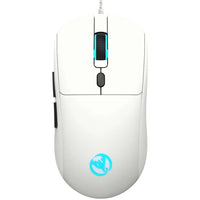 White wired gaming mouse with black scroll wheel and blue LED logo on white background