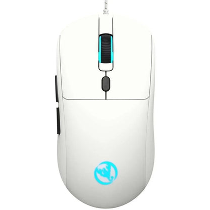 White wired gaming mouse with black scroll wheel and blue LED logo on white background