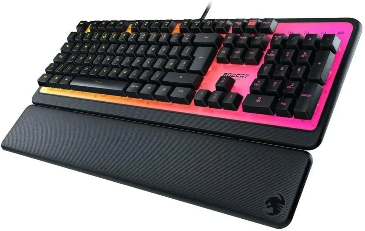 RGB backlit gaming keyboard with black keycaps and wrist rest, Byte Style modern setup
