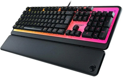 RGB backlit gaming keyboard with black keycaps and wrist rest, Byte Style modern setup