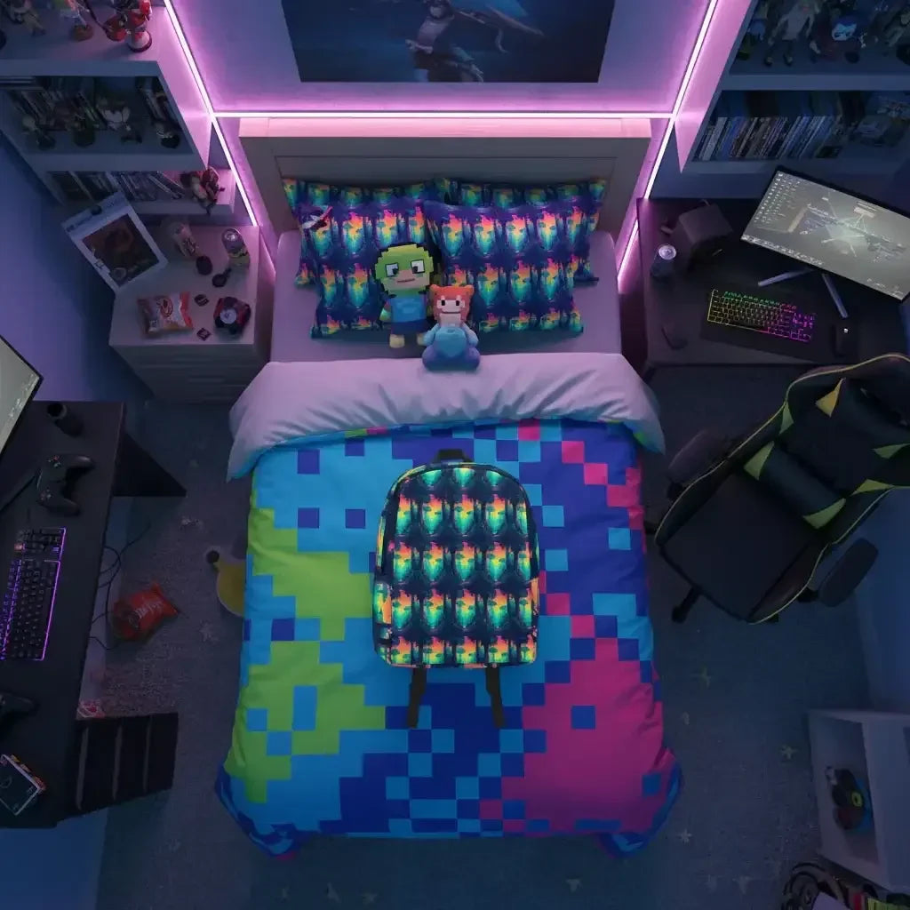 Top view of colorful pixelated bed with matching pillows and backpack, gaming chair, and illuminated computer setup