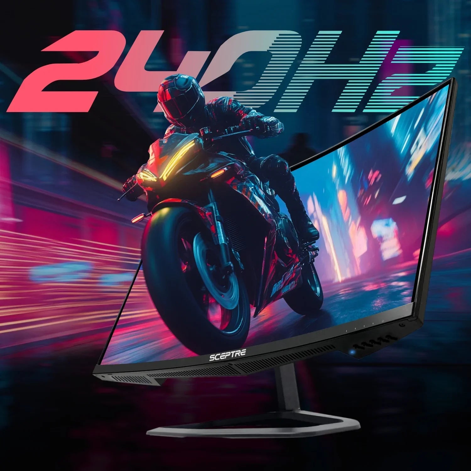 Curved Sceptre gaming monitor displaying fast motorcycle race scene with neon city lights and 240Hz refresh rate text