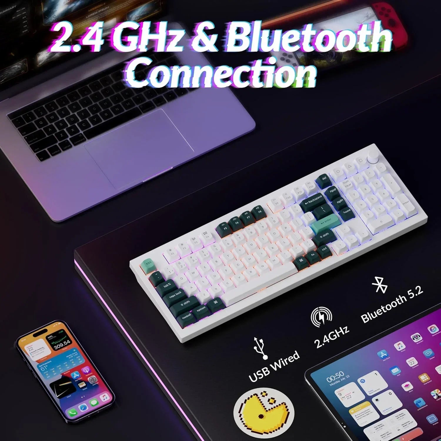 RGB gaming keyboard with 2.4GHz, Bluetooth, USB wired options on desk with laptop and phone