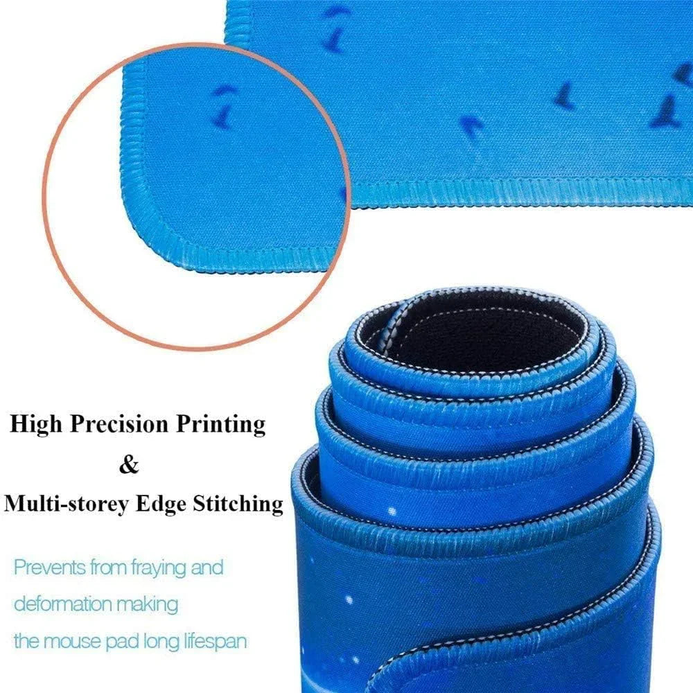 Blue gaming mouse pad with high precision printing and reinforced multi-storey edge stitching