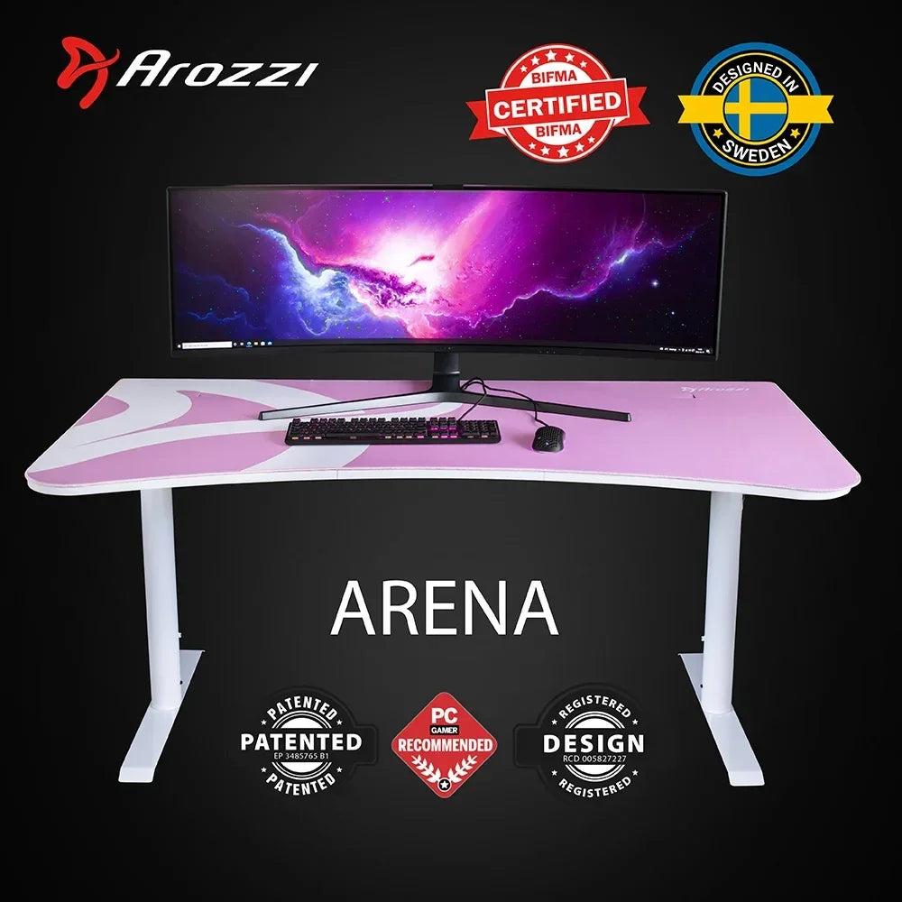 Arozzi Arena gaming desk with pink surface, BIFMA certified, Swedish design, and PC Gamer recommended