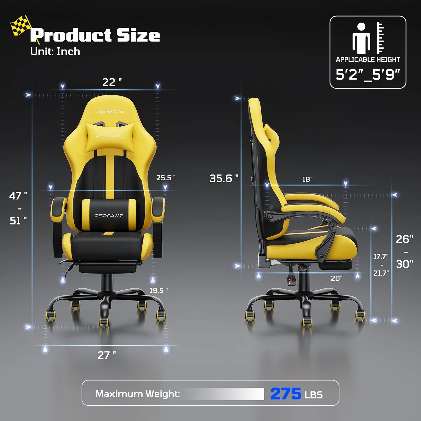 Yellow and black gaming chair with尺寸 specs, 275 lbs weight capacity, ideal for 5'2"-5'9" users