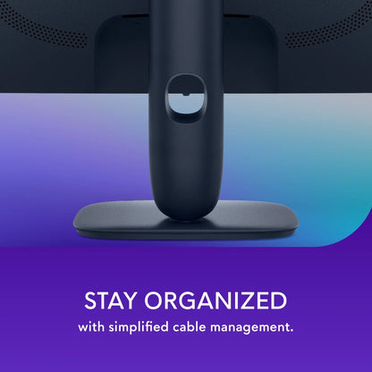 Back of a monitor stand showing integrated cable management system on gradient blue-purple background