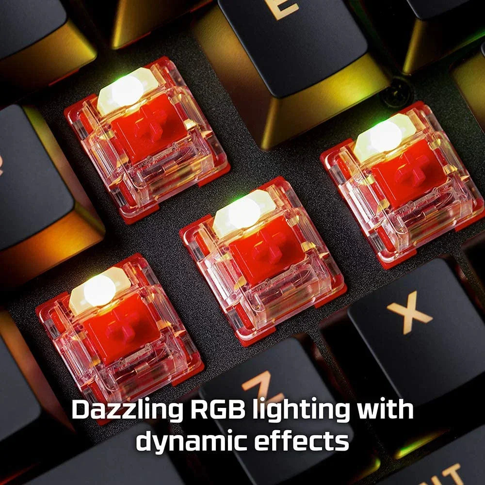 Close-up of RGB mechanical keyboard switches with vibrant lighting effects, gaming gear