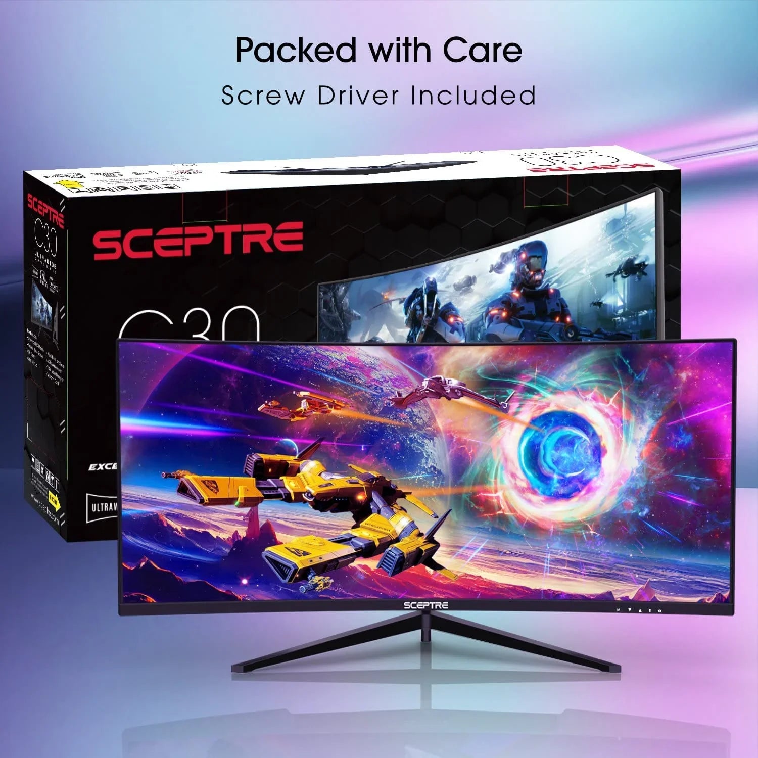 Sceptre C30 ultrawide gaming monitor with vibrant space battle display, sleek black stand, and packaging box