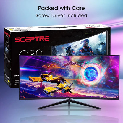 Sceptre C30 ultrawide gaming monitor with vibrant space battle display, sleek black stand, and packaging box
