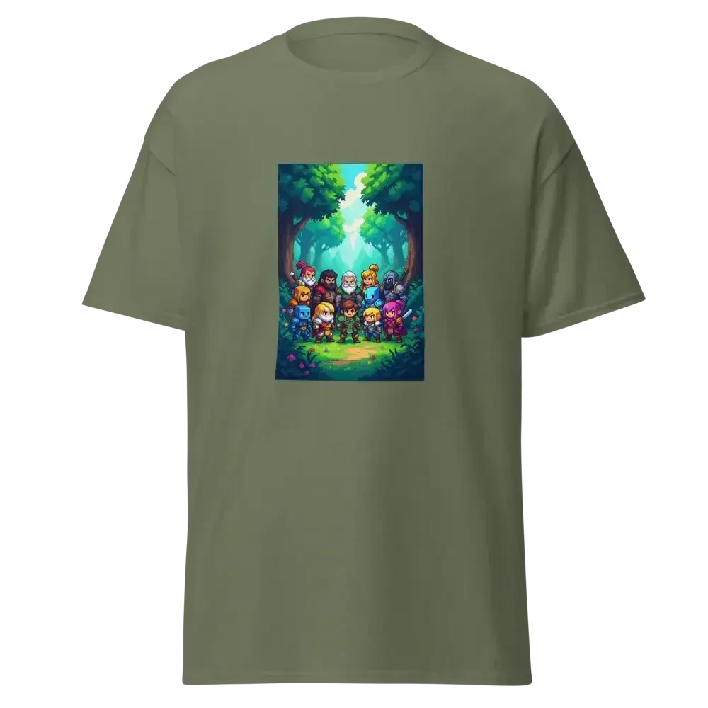 Olive green T-shirt featuring pixel art of fantasy RPG characters in a vibrant forest scene