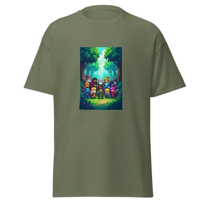 Olive green T-shirt featuring pixel art of fantasy RPG characters in a vibrant forest scene